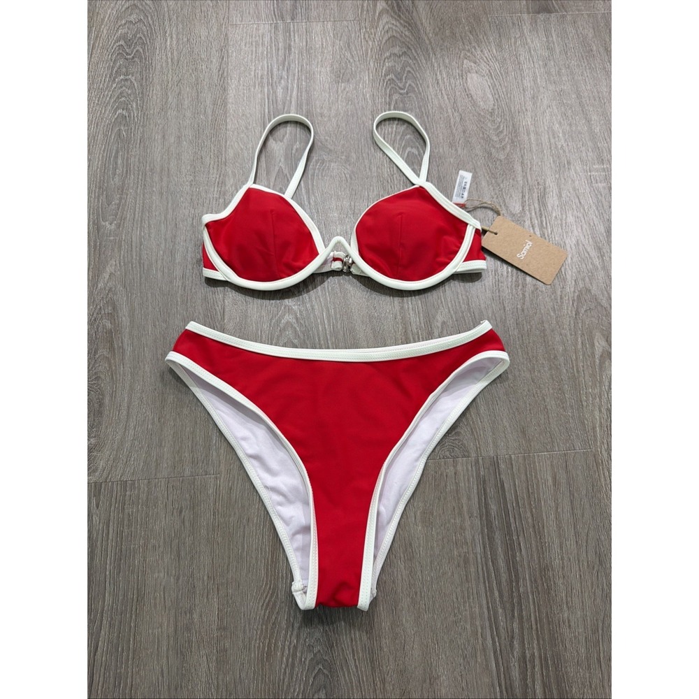 Samiol Red Contrast Strap Underwire Bikini Set Size Small NWT